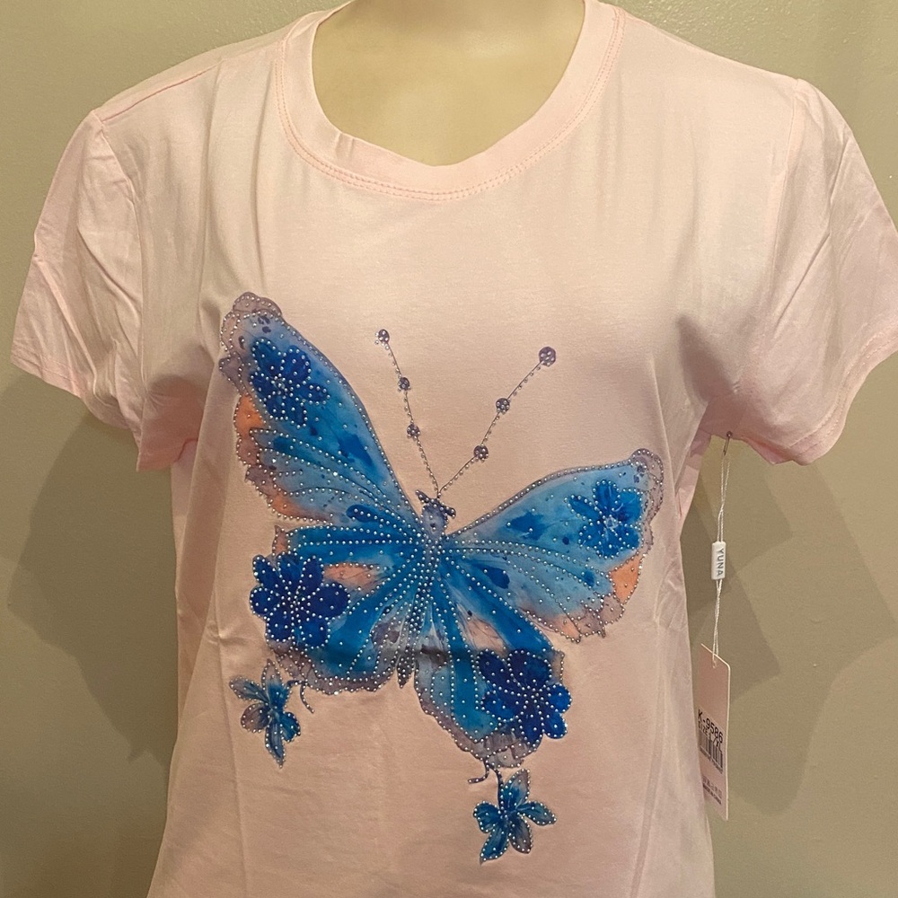Pink T-Shirt with Blue Butterfly Design
